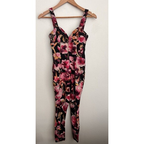By Anthropologie Floral Sweetheart Jumpsuit Bold V Neck Skinny Leg Party Size XS - Picture 6 of 11